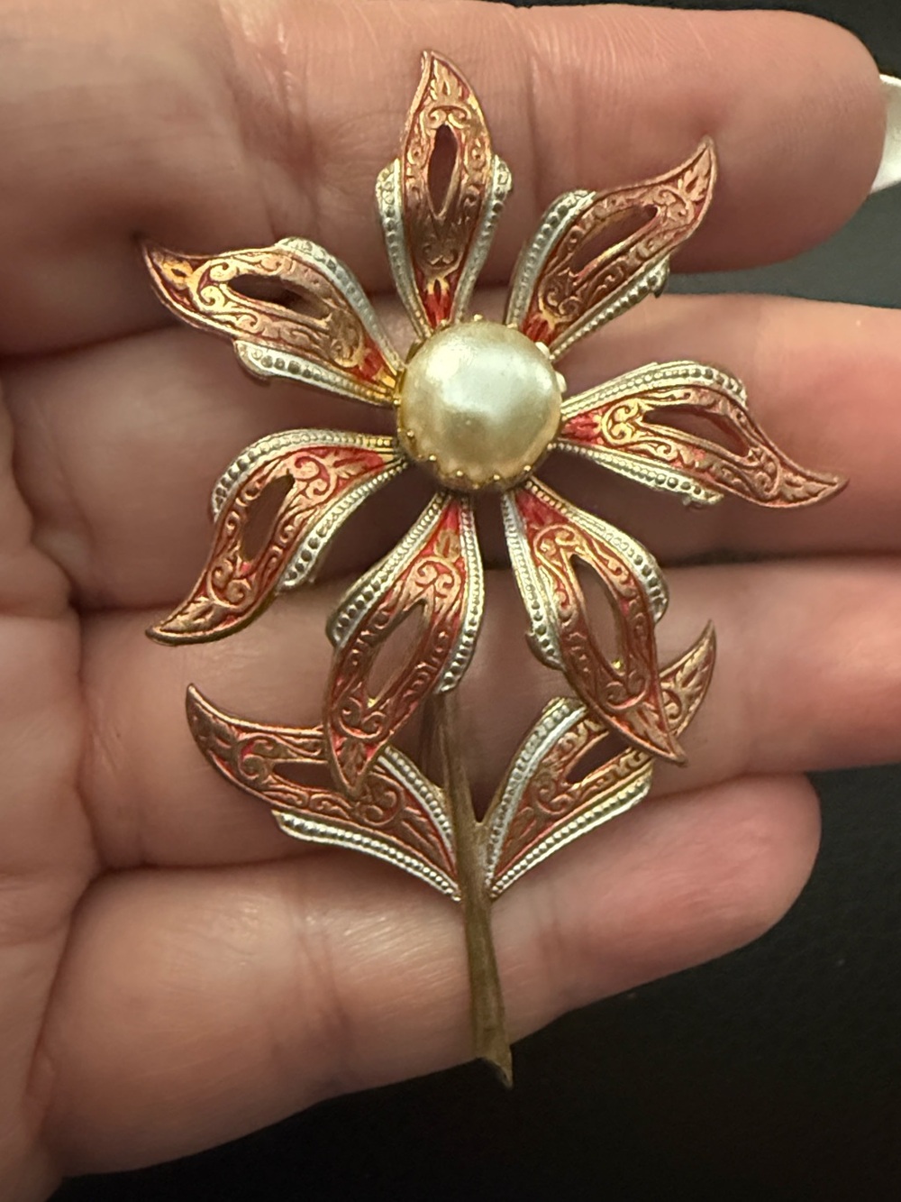 Vintage Spain Flower Brooch Pin red & gold